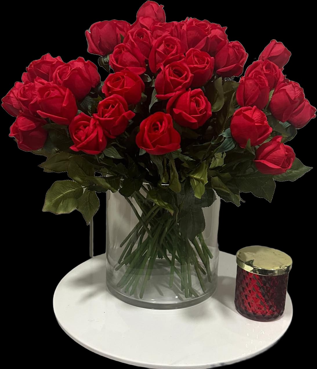 Luxury Red Rose Bouquet in Glass Vase with Decorative Candle