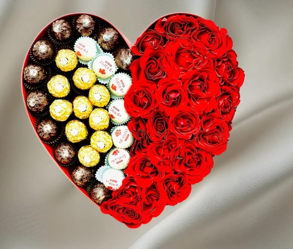 Heart-Shaped Red Roses & Ferrero Rocher Gift Box