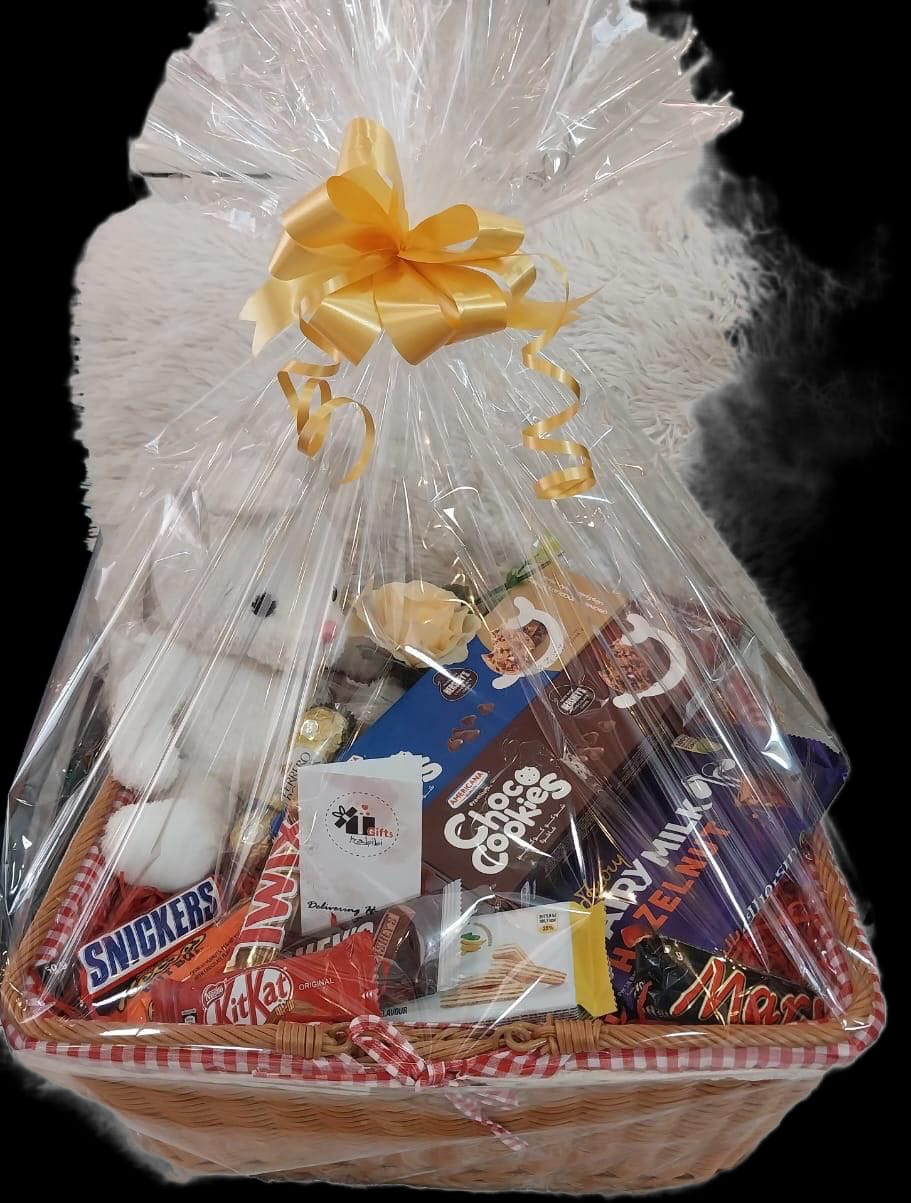 Golden Treat Basket with Teddy & Chocolates