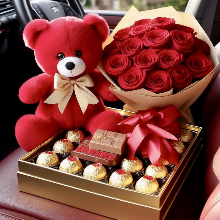 Valentine’s Teddy with Flower and Chocolate Box