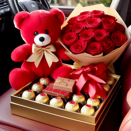 Valentine’s Teddy with Flower and Chocolate Box