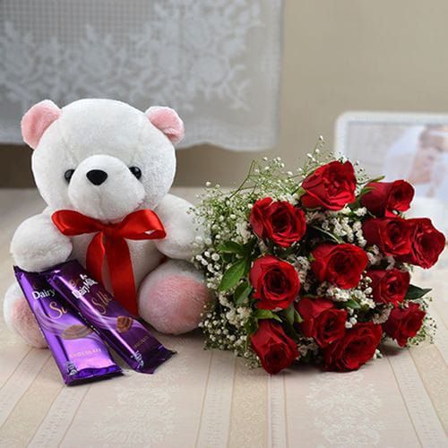 Valentines Gift Teddy, Chocolate, and Flowers combo